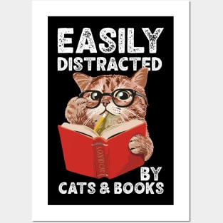 Easily Distracted by Cats and Books Funny Cat Lover Posters and Art